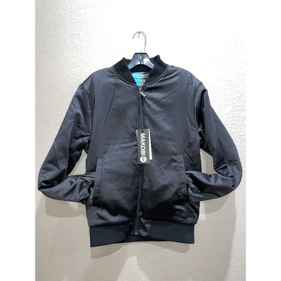 Makobi Reversible Baroque Bomber Jacket L Black Blue Gold Chain Print NWT‎